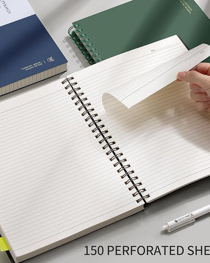 EMSHOI A4 Spiral Notebook College Ruled Lined Journal, 11.2" X 8.27", 300 Pages/150 Sheets, Easy Tear Perforated Pages, 100gsm Thick Paper, Waterproof Softcover, for School Work Writing-Green