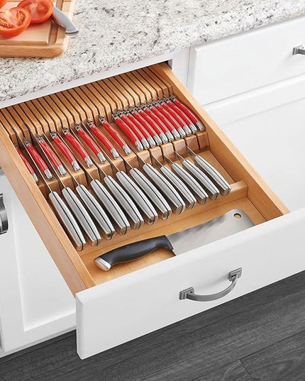 Rev-A-Shelf Dual Row Trim To Fit Knife Block Drawer Organizer with Storage Holder for Kitchen Utensils, 55 Slot Cutlery Tray, Wood, 4WDKB-1