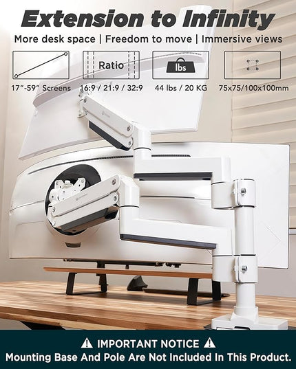 Heavy Duty Extension Arm [Accessory Only - Requires MA20PW-S Single Monitor Arm for Use] Dual 49" Vertical Stacked Monitor Mount Height Adjustable - 100x100 VESA Mount, White, MA20PW-A