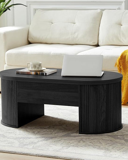 QHITTY Fluted Coffee Table with Lifting Top, Oval Wood Lift Top Coffee Table with Hidden Compartment, Mid Century Pull up Center Tables for Living Room, Office - Black