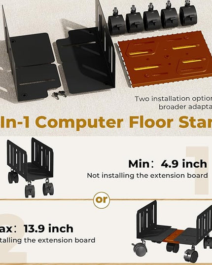 JOY worker Computer Tower Stand, 4.9 to 13.9 inch Wide Adjustable Mobile PC Cart with 5 Wheels, Steel Tower Floor Stand Holds Up to 66 lbs, Rolling Gaming CPU Holder Under Desk, Black