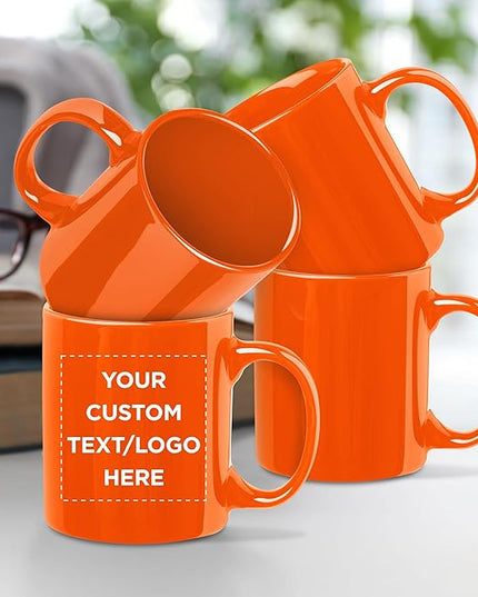 Custom Ceramic Coffee Mugs 11 oz. Set of 100, Personalized Bulk Pack - Coffee cup set, Iced coffee cup, Gaming mug - Orange