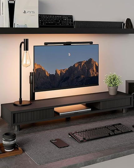 Fenge Dual Monitor Stand, 42.5inch Long Monitor Stands Riser for 2 Monitors, Sliding Door with Storage Organizer Stand for Desk, 2 Tier Desk Shelf for Laptop, Pc, Printer, Computer, TV