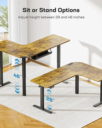 HUANUO 63″ Dual Motor L-Shaped Standing Desk, Built-in Power Outlets, Electric Height Adjustable Corner Computer Desk, Large Power Strip Holder, Sit Stand Up Desk with 3 Preset Heights, Vintage Brown