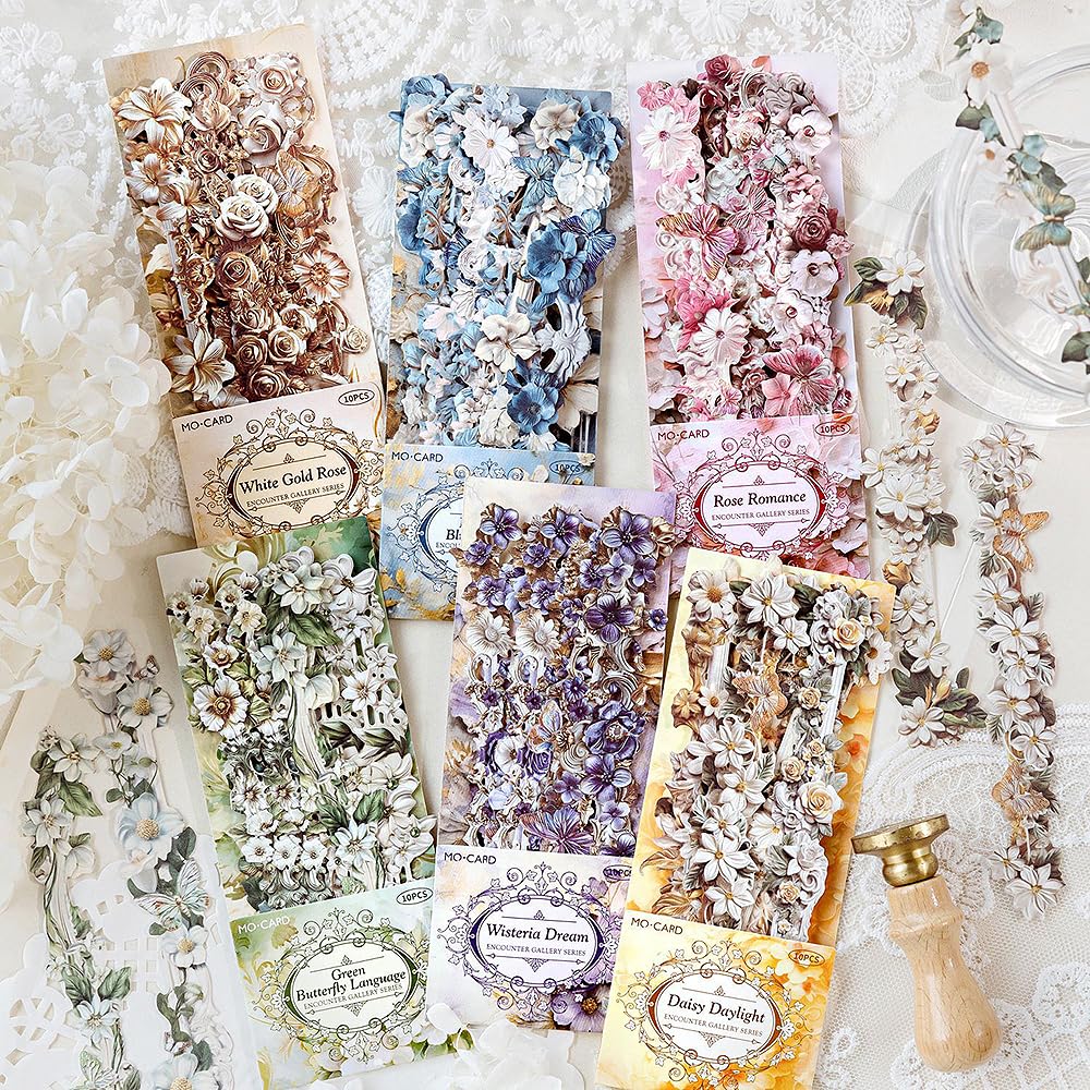 60pcs Vintage Flowers Scrapbook Kit Embossed Flower Stickers for Scrapbooking Journaling Scrapbook Stickers Aesthetic Long Strip Floral Sticker Pack Junk Journal Supplies Self-adhesive Decoupage Paper