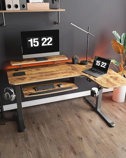 EUREKA ERGONOMIC Standing Desk with Keyboard Tray, Computer Desk, 61" L Shaped Electric Adjustable Height Desk w Monitor Stand LED, Corner Sit Stand Desk Gaming Desk, Dual Motor,Right/Rustic Brown