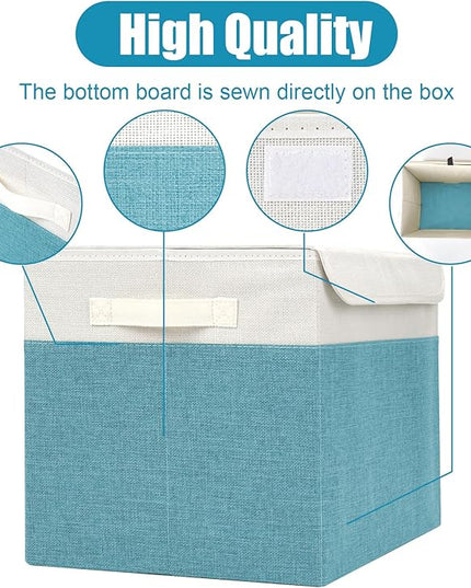 Large 17" 42 Quarts Collapsible Stackable Storage Bins with Lids [3-Pack] Foldable Fabric Linen Storage Boxes Cube, Closet Organizer Baskets with Label for Home (16.7 x 12 x 12", Teal & White)