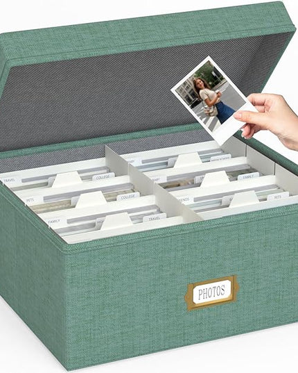 Decorative Photo Storage Box - Linen Photo Box Organizer with Dividers, Fits Holds Up to 1700 Pictures and 4x6 Photos, Memory Keepsake Organizer for Photos, Scrapbook Supplies, Cards, Stamps (Green)