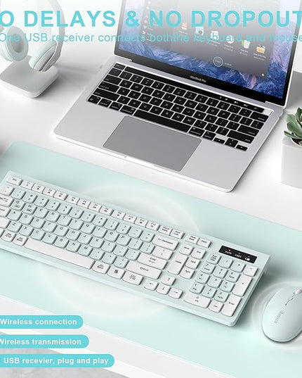Wireless Keyboard and Mouse Combo, Full-Sized Wireless Keyboard and Adjustable DPI Mouse, 2.4GHz USB Receiver, Keyboard and Mouse for PC, Windows, Desktop, Laptop (Mint Green and White)