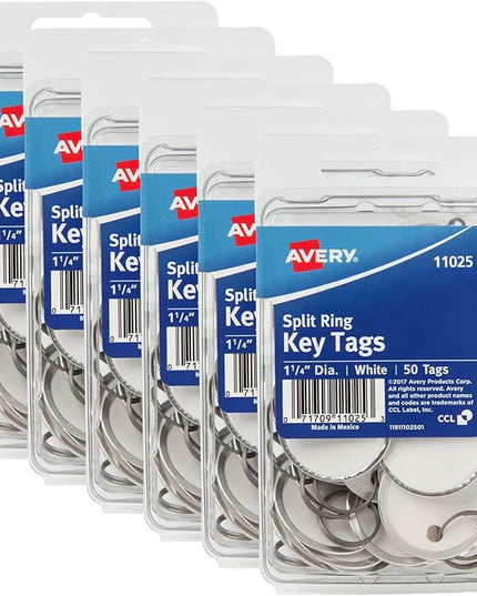 Avery Metal Rim Key Tags 6-Pack, 1.25" Diameter Tag, Metal Split Ring, White, 300 Tags Total (13128)
