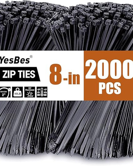 2000 PCS Zip Ties 8 Inch, Cable Ties 40lbs Tensile Strength, Black Zip Ties for Indoor and Outdoor Use, UV Resistant Wire Ties