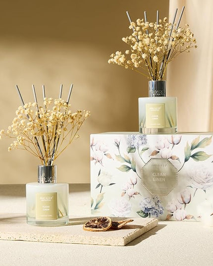 Airkeep Reed Diffuser 3.38 oz (100ml) 2pk, Clean Linen Scented Reed Diffuser Set,Reed Diffuser & Oil Diffuser Sticks, Aromatherapy, Airkeep Reed Diffuser Set Box 2-Clean Linen