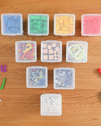 10 Pack Small Clear Storage Bins with Lids - Stackable Plastic Organizer Boxes for Crafts, Art Supplies, Jewelry, Beads, Office Tools - 3.5x3.5x4.5 Inch, Square Medium