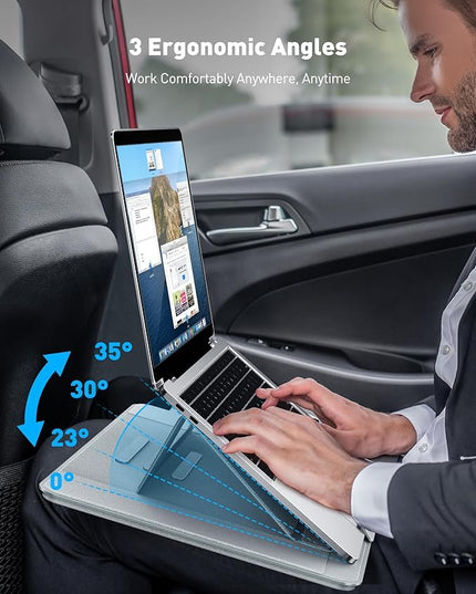 AboveTEK Adjustable Laptop Lap Desk, 3 Ergonomic Angles, PU Leather Non-Slip Surface, Heat Shield, Retractable Mouse Pad, Portable Laptop Lap pad for Bed, Sofa, Travel (Light Gray)