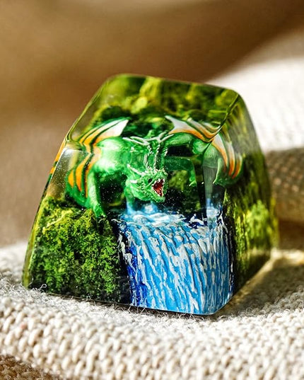 Green Dragon with Waterfall Artisan Keycap R1 SA Profile Custom Fantasy Dragon Keycaps 1U ESC Handmade Gaming Resin Key Cap Cherry MX Switch Compatible Mechanical Keyboard Gift for Dragon Lover