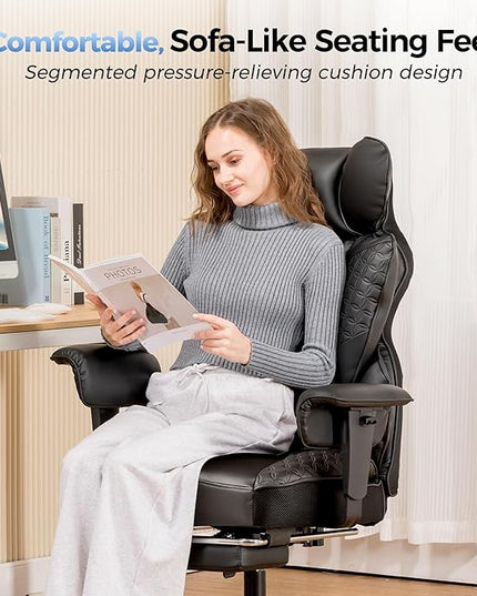 COMHOMA Big and Tall Office Chair 400LBS Heavy Duty Gaming Chair with Deluxe Embossing Leather High Back Wider Ergonomic Computer Chair with Foot Rest 150°Reclining Pocket Spring Lumbar Support