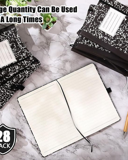 Laumoi 28 Pack PU Leather Lined Notebook Journal Bulk A5 Hardcover Notebook College Ruled 5.5 x 8.2 Inch Journal with Pen Holder for School Business Work Writing(Black,Marble)