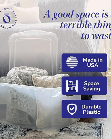 HOMZ 2-Pack Latching Lid, Large Clear Plastic Storage Bins with Lids, 66 Quart, Gray Latch - Stackable Container Boxes for Home, Bathroom, and Office Organization
