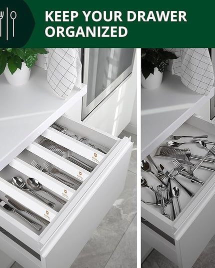 ROYAL CRAFT WOOD Adjustable Bamboo Caddy Expandable Drawer Organization Separators For Kitchen, Dresser, Bedroom, Bathroom and Office, 4-Pack (Large (up to 22)), White