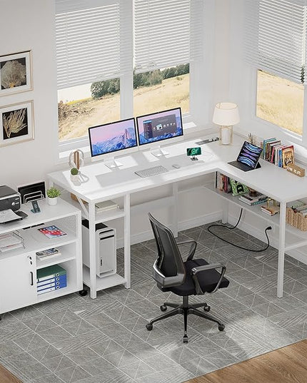 Unikito Reversible L Shaped Computer Desk with Magic Power Outlets and USB Charging Ports, Sturdy Corner Desk with Storage Shelves, Durable Work Desk for Home Office, Easy to Assemble, White