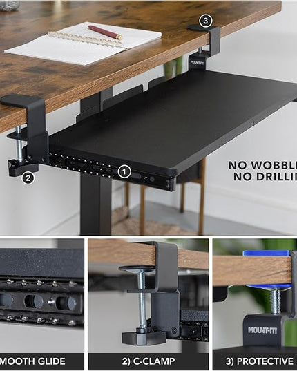 Mount-It! 24” Clamp-On Under Desk Keyboard Tray, Slide-Out Keyboard Drawer for Desk, Ergonomic Pull-Out Platform with Smooth Gliding Tracks, No-Drill C-Clamp Mount, Under Desk Keyboard Holder