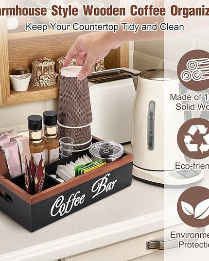 Wooden Coffee Organizer Holder with Divided Sections & Cutout Handle, Farmhouse Coffee Bar Organizer for Pods, Cups, Lids, Syrups, Stirrers & Accessories – Ideal Gift for Home or Office