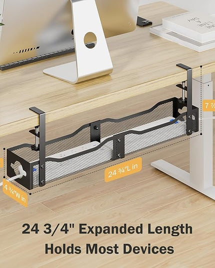DELAMU 25'' Upgraded Under Desk Cable Management, No Dill Desk Cable Management with F-Clamp, Metal Cable Management Tray to Cord Organizer for Home Office, 1 Pack, Black