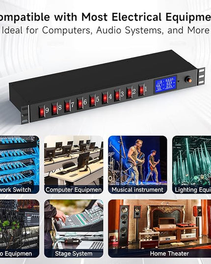 9 Outlet Rack Mount Power Strip with Individual Switches, PDU Surge Protector 15A 125V 1875W, 1U Server Rack Power Distribution Unit with Overload Protection and Power Monitoring, 6.5FT Cord