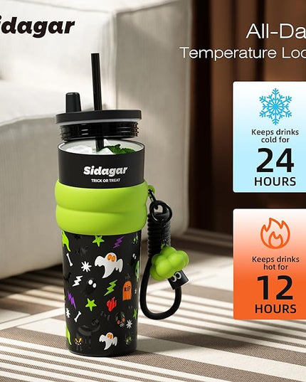 24 oz Tumbler with Lid and Straw, Insulated Coffee Mug Leak Proof, Portable Iced Travel Water Bottle, Reusable Thermal Coffee Cup, Gift for Women, Halloween