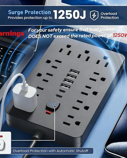 20 FT Flat Plug Surge Protector Power Strip,11 Multiple AC Outlets with 6 USB Ports (2 USB C), 20 Feet Extension Cord, 1250W/10A, One Touch Switch Button, 17 in 1 Compact powerstrip