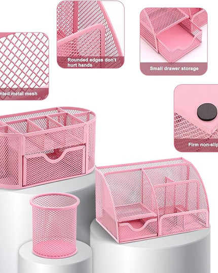 17 in 1 Pink Desk Organizers and Accessories Set, 3 Office Desk Supplies Storage Organization, 4 Pens, Stapler, Staples & Remover, Tape & Dispenser, Scissors, Ruler, Clips, Hole Punch, Back to School