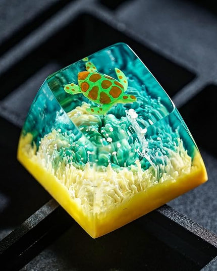 Sea Turtle Artisan Keycap Light Yellow Green Coral R1 SA Profile Custom Sea Creatures Keycaps 1U ESC Handmade Gaming Resin Key Cap Cherry MX Switch Compatible Mechanical Keyboard Turtle Lover Gift