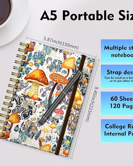 Spiral Journal Notebook, A5 Cute Notebooks for Women Men, College Ruled Hardcover Notebook for Work & Note Taking, 60 Pages Double-Wire Journals for Writing, Colorful Boho Mushrooms