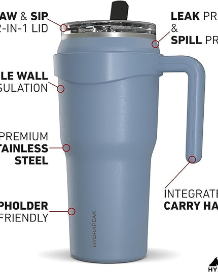 Hydrapeak Roadster 40oz Stainless Steel Tumbler Double Wall Vacuum Insulated Water Bottle With Handle And 2 in 1 Straw Lid (Modern Blue)