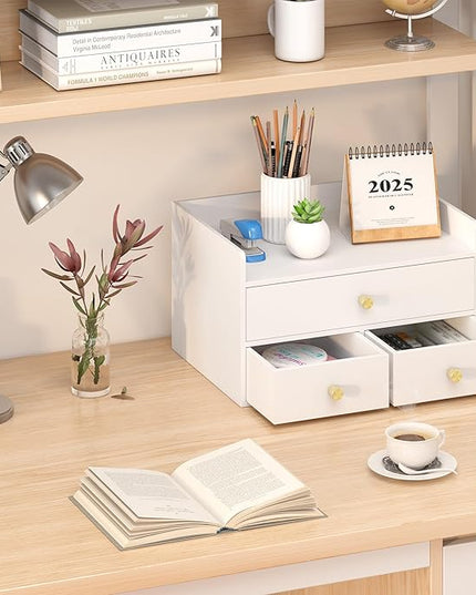 Bamboo Desk Organizer with Drawers Wooden Desktop Storage Drawers for Bills Office Supplies Kitchen Utensils Organizing Tool for Home Classroom Organization No Assembly (3 Drawers, White)