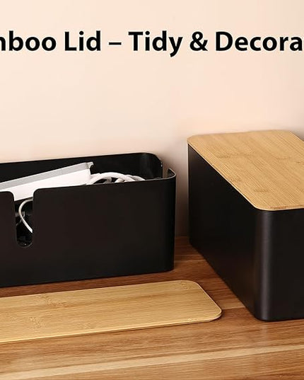 ZhiYo Bamboo Lid Cord Organizer Box, 2Pack Large Cable Management Box, Safe ABS Wire Organizer for TV and Computer, Wood Cover Cord Hider to Hide Wires, USB Hub & Under Desk Power Strip, Black