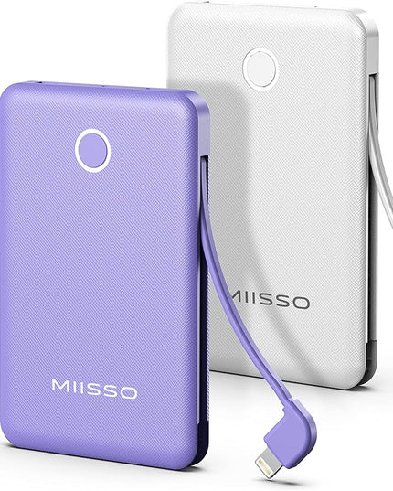 6000mah Ultra Slim Built in Cables Power Bank, Card Size Built in USB C Cords Battery Pack Portable Charger for Phones, 3 Output External Battery Pack Compatible with iPhone, 2-Pack White & Purple