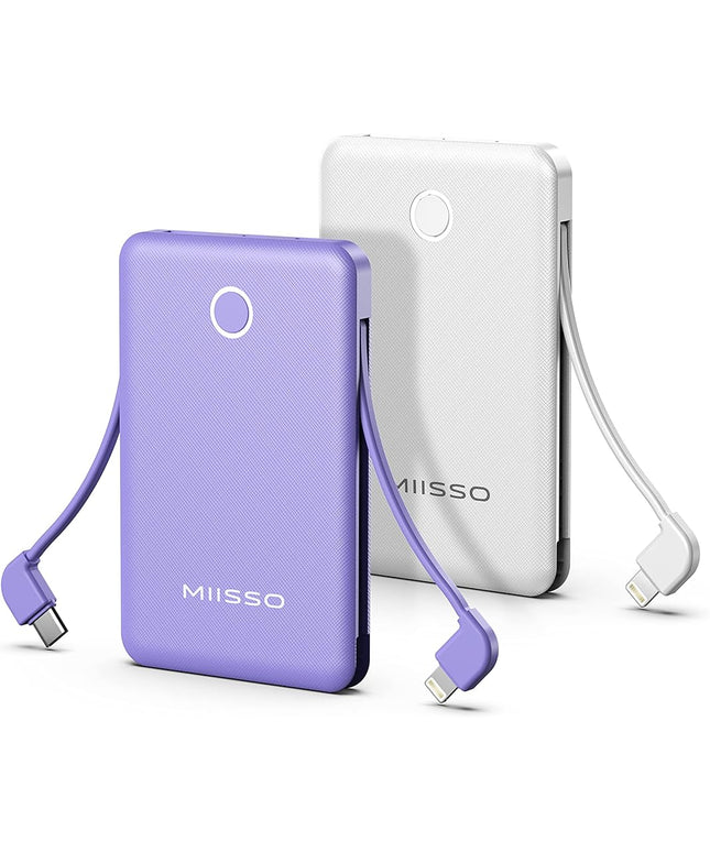 6000mah Ultra Slim Built in Cables Power Bank, Card Size Built in USB C Cords Battery Pack Portable Charger for Phones, 3 Output External Battery Pack Compatible with iPhone, 2-Pack White & Purple