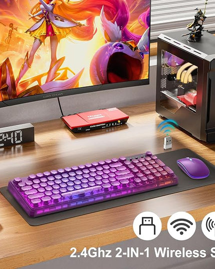 Purple Light Up Keyboard and Mouse Wireless,Cute 2.4Ghz Cordless Rechargeable Transparent Backlit Keyboard,15 Backlight Effects,Volume Knob,RGB Mouse with 3 DPI for Mac Computer PC Laptop Desktop iPad