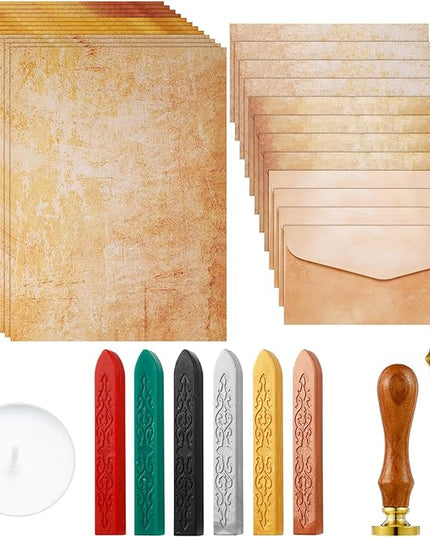 33 Pieces Vintage Paper and Envelopes Set, Including 12 Writing Stationery Paper Letter 12 Envelopes Sealing 6 Wax Sticks Seal Stamp Tea Candles and Wax Spoon for Stamp