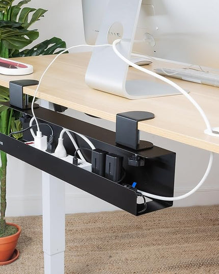Mount-It! Clamp-On Under Desk Cable Management Tray – No-Drill Metal Cable Organizer for Office & Glass Desks, Secure Wire Management Tray for Power Strips & Cords – Sturdy Desk Cable Tray 23.6” Black