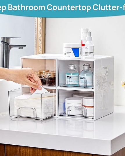 Vtopmart 4Pack Small Stackable Storage Drawers, Bathroom Makeup Organizer,Plastic Storage Bins For Vanity, Undersink, Kitchen Cabinets, Pantry, Home Organization(White)