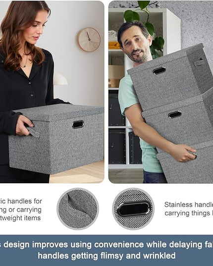 Large 17" 36 Quart Collapsible Stackable Storage Bins with Lids, 3 Packs Black and White Mix Linen Fabric Closet Boxes with Lids, Storage Cube Baskets Container Organizers (17x12x11)