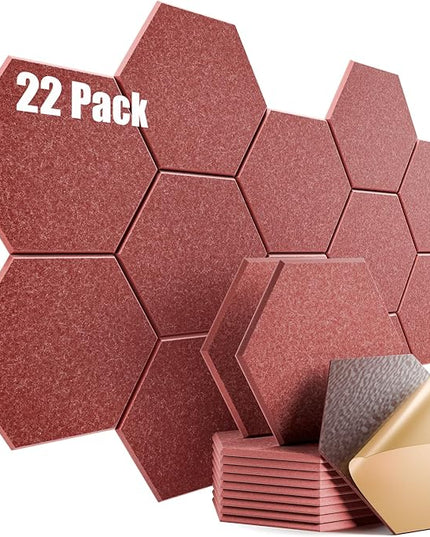 22 Pack Self-Adhesive Acoustic Panels 12" X 10" X 0.4" - Sound Proof Foam Panels with High Density, Stylish Hexagonal Design, Flame Resistant, Absorb Noise and Eliminate Echoes(Red)