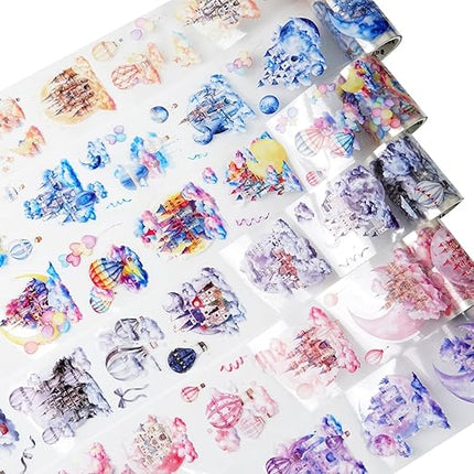 AuriicLeaf Cloud-Themed Pre-Cut PET Tape Set, 6 Rolls of Fantasy Castle and Balloon Stickers for Scrapbooking, Journaling, and DIY Craft Supplies