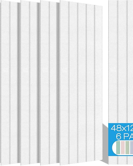 BUBOS Large Acoustic Panels, 6 Pack 48x12 Inch SoundProof Panels for Walls, Self Adhesive Acoustic Wall Panels, Decorative Sound Panels for Home Studio Office (White 02)
