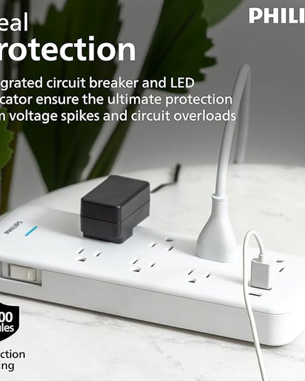 Philips 7-Outlet Surge Protector with USB Charging, 6ft Braided Extension Cord, 1USB-A, 1USB-C, 1500J, Adapter Spaced, Outlet Extender Power Strip, White - SPP3983W/37
