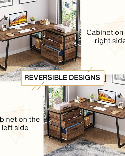 Tribesigns L-Shaped Computer Desk with 3 Drawers, Reversible Corner Home Office Desk with Shelves, 53-Inch Industrial PC Desk Study Writing Table Workstation for Small Space, Rustic Brown