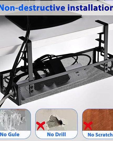 Under Desk Cable Management Tray Small – Clamp-Mounted Wire Organizer & Cord Management Under Desk Rack, No-Drill Metal Cable Organizer for Home Office (Black)