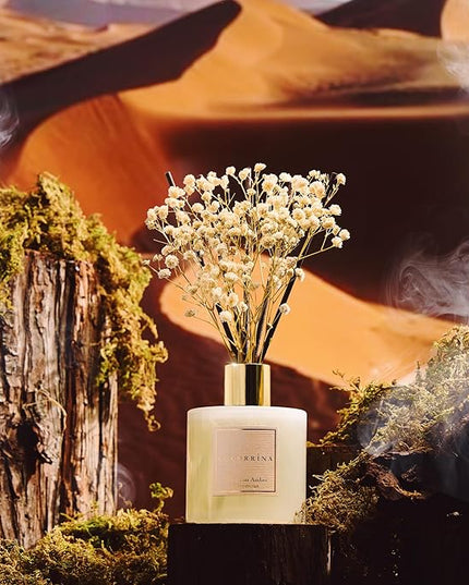 COCORRÍNA Reed Diffuser - Moroccan Amber 6.7 Fl.oz Reed Diffuser Set with Sticks & Preserved Baby's Breath, Reed Diffuser for Home Bathroom Shelf Decor